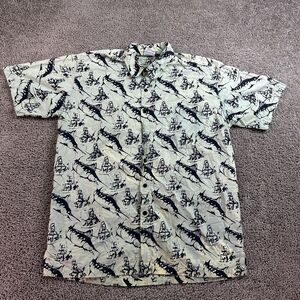 VINTAGE Cottonseed Shirt Mens Medium Green Black AOP Fishing Button up FLAW